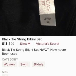 Victoria's Secret Swim - Black Tie String Bikini Set NWOT Victoria's Secret Swim - Black Tie String Bikini Set NWOT